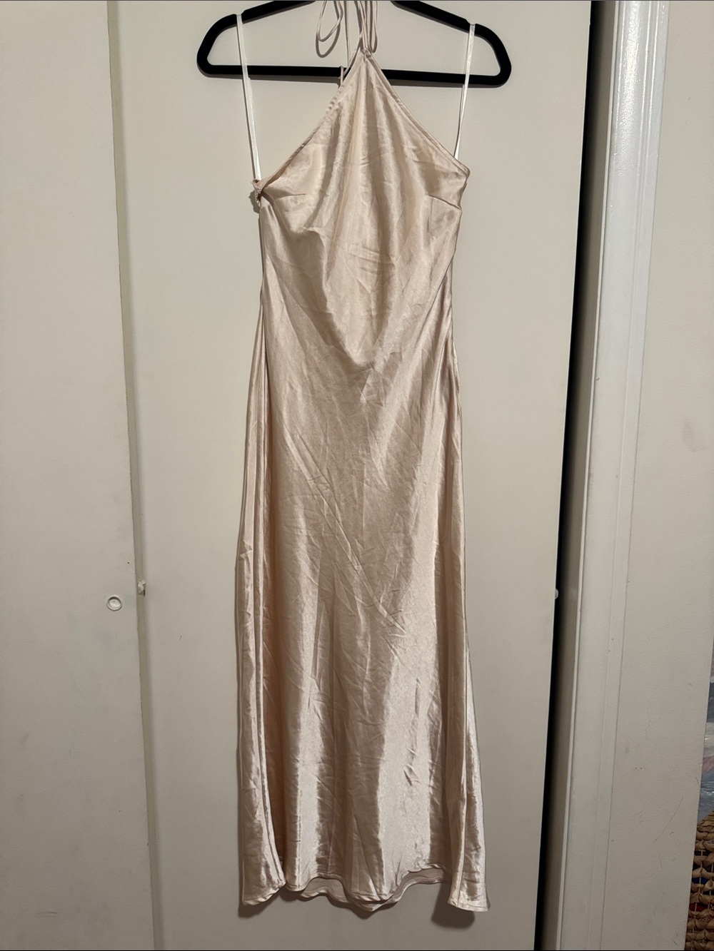 Selfie Leslie Champagne Satin Halter Maxi Dress